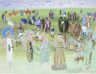 Poiret-mannekänger vid tävlingarna, med blå paraplyer; Les Mannequins de Poiret aux Courses, a l