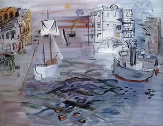 Hamn med segelbåt, hyllning till Claude Lorrain, ca 1935 (olja på duk)