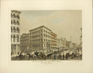 Corner of Lake and La Salle Streets, Chicago, Marine Bank Building år 1864