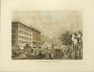 Corner of State och Washington Streets, Chicago, år 1865
