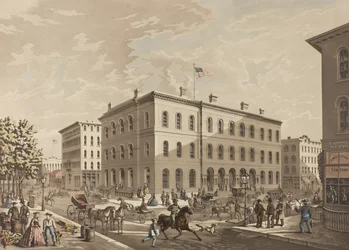N.W. Corner of Dearborn and Monroe Streets, Chicago, visar postkontorsbyggnaden år 1865