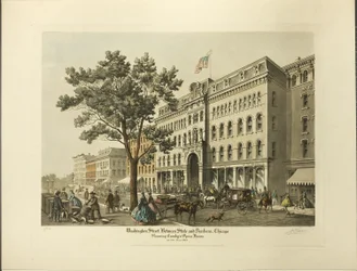Washington Street mellan State och Dearborn, Chicago, visar Crosbys operahus år 1864