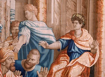 flamländsk gobeläng. Serie Apostlagärningarna. Elymas slog blind (La ceguera de Elymas). Sjunde gobelängen i serien. Modell tecknad av Rafael Sanzio. 1519. Tillverkning Jan Raes II, Bryssel. Ca 1605-1629. Tyg Siden och ull. Storlek 534 x 783 cm. Locat