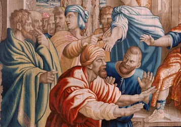 flamländsk gobeläng. Serie Apostlagärningarna. Elymas slog blind (La ceguera de Elymas). Sjunde gobeläng i serien. Modell tecknad av Rafael Sanzio. 1519. Tillverkning Jan Raes II, Bryssel. Ca 1605-1629. Tyg Siden och ull. Storlek 534 x 783 cm. Locat