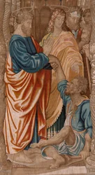 flamländsk gobeläng. Serie Apostlagärningarna. Den lame mannens mirakel (El milagro del paralítico). Tredje gobelängen i serien. Modell tecknad av Rafael Sanzio. 1519. Tillverkning Jan Raes II, Bryssel. Ca1605-1629. Tyg Siden och ull. Storlek 524 x 400