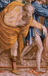 flamländsk gobeläng. Serien Apostlagärningarna. Saint Paul och Saint Barnabas i Lystra (San Pablo y San Bernabé en Lystra). 8:e duken i serien, den delades i två för att anpassa den till rummet. Modell tecknad av Rafael Sanzio. 1519. Tillverkning Jan Raes