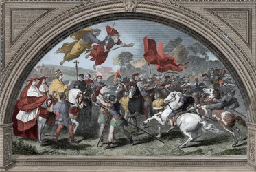 Framställning av påve Leo I, kallad den store (390-461), inför hunnernas ledare Attila (ca. 395-453) år 452 i Mantua - Barbarinvasionerna - Påve Leo I den store möter hunnerkungen Attila år 452 (efter Rafael)