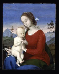 Madonna och barn med en fågel (olja på trä)