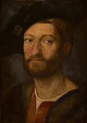 Porträtt av en man, sägs vara Giuliano de Medici, hertig av Nemours (olja på panel)