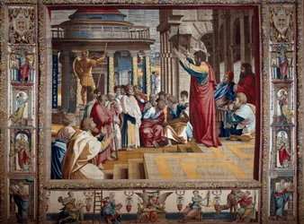 Aposteln Sankt Paulus predikar på flygplanet i Atentapet efter målning på kartong av Raffaello Sanzio dit Raphael (1483-1520), början av 1500-talet sön. 4,95x6,45 m Mantua, hertigpalatset (Mantua)