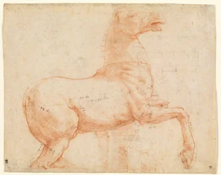 A Marble Horse on the Quirinal Hill (recto), c.1513 (röd krita, penna, brunt bläck, blyspets & penna)