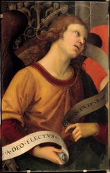 En ängel. Fragment av Baroncis altartavla. Målning av Raffaello Sanzio dit Raphael (1483-1520)