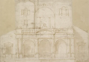 Arkitektonisk design (Villa Madama) (penna och brunt bläck med brun tvätt på benvitt papper)