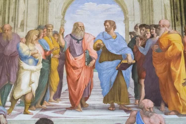 Aristoteles och Platon: detalj ur Skolan i Aten i Stanza della Segnatura