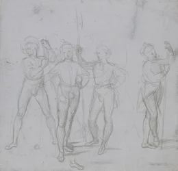 Grupp om fyra stående soldater (silverpoint på en blågrå preparat på benvitt papper)