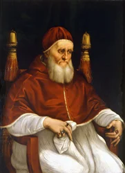 Porträtt av påven Julius II (1503-1513). Målning av Rafael (Raffaello Sanzio). Florens, Uffizierna.