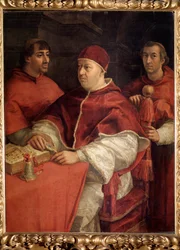 Porträtt av påven Leo X med kardinal Louis de Rossi och Giulio de Medici - Olja på trä
