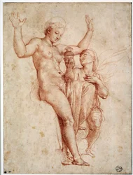Psyche presenterar för Venus Styxens vatten. Ritning a la sanguine av Raffaello Sanzio dit Raphael (1483-1520)