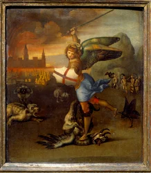 S:t Mikael och draken c.1505 Rafael (1483-1520/italiensk) Olja på träpanel - "" Saint Michel terrassant the dragon""" Målning av Raffaello Sanzio (Raphael) (1483-1520) 1505 Sön. 0,29x0,25 m