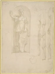 Studier för en figur av Minerva och andra statyer (silverspets med vit förhöjning på papper)