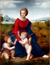 Jungfrun på prärien eller Madonna del Belvedere, 1506, Sun. 113 X 88 cm, Kunsthistorisches Museum i Wien
