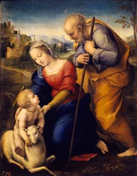 Den heliga familjen har lammet. Målning av Raffaello Sanzio dit Raphael (1483-1520)