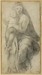 Virgin and Child (svart krita på grått papper)