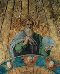 Tvist. Detalj: Gud Fadern. Fresk i Stanza della Segnatura, ca 1510-1511.