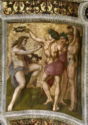 Marsyas och Apollo. Takfresco i Stanza della Segnatura, ca 1510-1511.