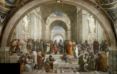 Atens skola. Fresk i Stanza della Segnatura, ca 1510-1511.