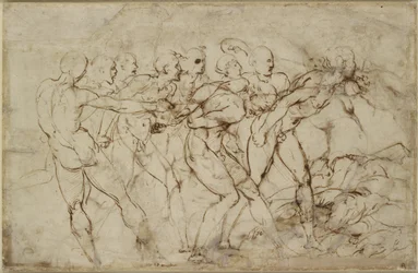 En strid av nakna krigare med fångar, WA1846.179 (penna och brunt bläck över svart krita)