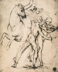 Manliga nakenbilder med en häst; teckning av Raphael. Gallerie dellAccademia, Venedig