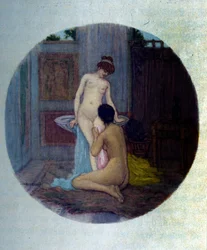 Damtoalett i den grekiska antiken. Illustration tagen från "Aphrodite"" av Pierre Louys, av Raphael Colin