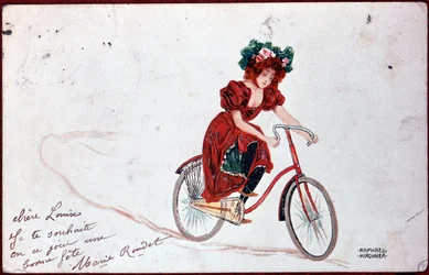 Vykort av en kvinna på en cykel - illustration av R. Kirchner, v.1900