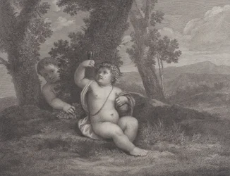 Spädbarnet Bacchus satt under ett träd och håller upp ett vinglas med ett annat spädbarn bakom..., 1780