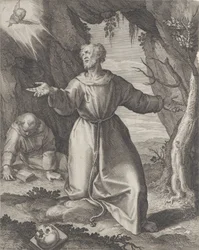Saint Francis knäböjer med armarna utsträckta och tittar mot en kerub uppe till vänster,..., 1599.