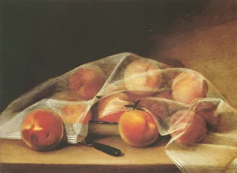 Fruktbitar med persikor täckta av en näsduk-raphaelle peale