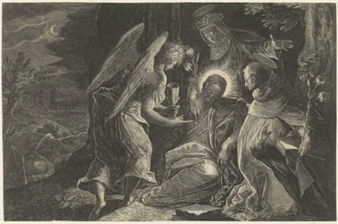 Kristus tröstas i Getsemane av en ängel, Saint Dominic och Saint Catherine of Siena Lydnadens spegel Perfectissimvm Obedientiae Specvlvm (titel på objekt) Speglar av lydnad, kyskhet och fattigdom (serietitel)