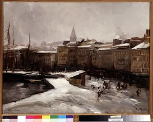 Quai du port, Marseille, under snön Målning av Raymond Allegre (1857-1933) Mått 56x74 cm. Obligatoriskt omnämnande: Hälsningar de Provence Marseille foundation collection