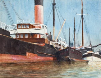 Båtar i en hamn (gouache på papper)