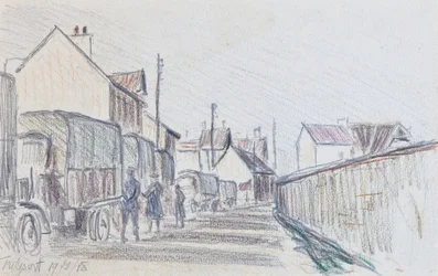 Konvoj av militärfordon vid Trilport, ca 1914-18 (blyerts på papper)