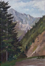 Gran och berg, Pyrenéerna (olja på trä)