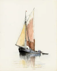 Gabare vid Girondes flodmynning (gouache, kol och blyerts på papper)
