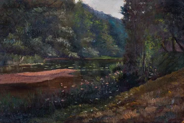 Landskap med skog, damm och näckrosor