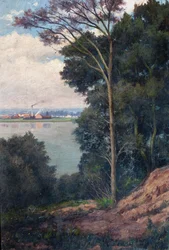 Landskap med flod och fabrik