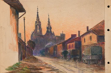 Militärlastbilar på en gata i en stad i östra Frankrike, ca 1914-18 (blyerts på papper)