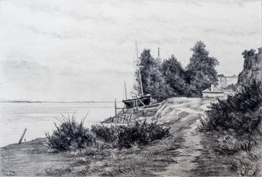 Skeppsvarv vid Girondes flodmynning (blyerts och kol på papper)