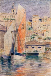 Hamnen i Bourg-sur-Gironde med en gabare (blyerts och pastell på papper)