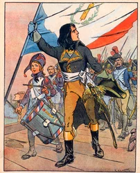 Första italienska fälttåget: Napoleon Bonaparte (1769-1821) i slaget vid Arcole-bron, november 1796" hämtat från "Nos-Gloires-Nationales" ca 1920 (gravyr)
