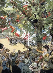Första världskriget: Segerparaden på Avenue des Champs-Elysees i Paris den 14/07/1919: Franska marinsoldater beundras av Parisborna - (WWI: segerparad på Champs Elysees-avenyn